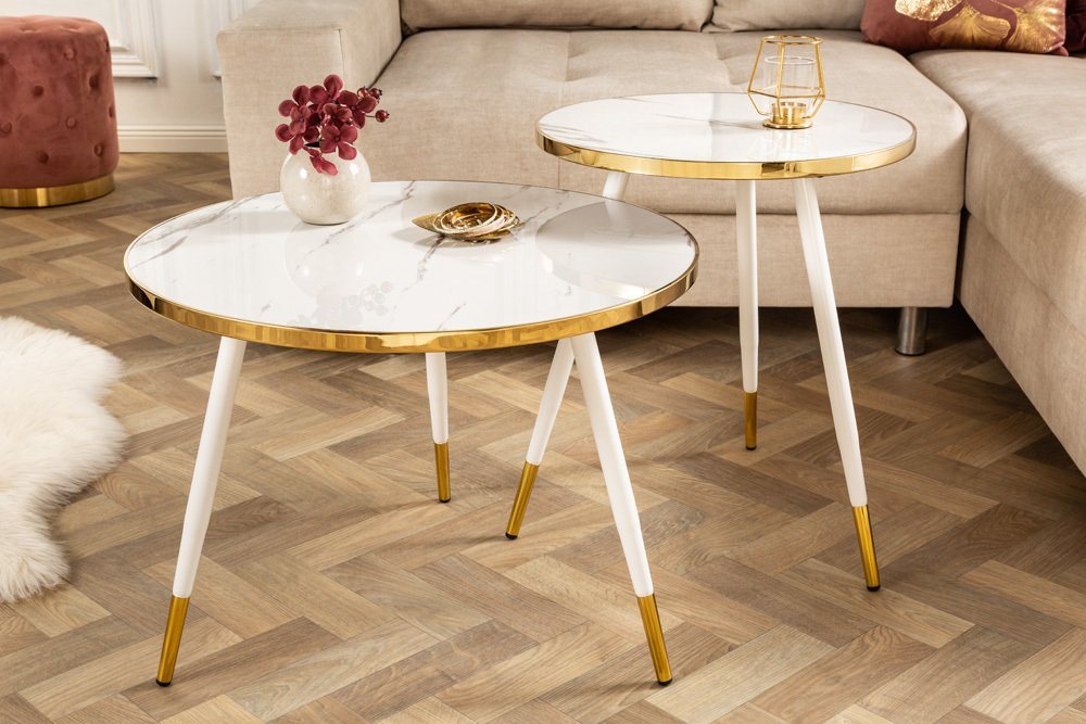 riess-ambiente Couchtisch PARIS Ø60cm weiß / gold (Set, 2-St), Wohnzimmer · Acrylglas · Metall-Beine · rund · Marmor-Design von riess-ambiente