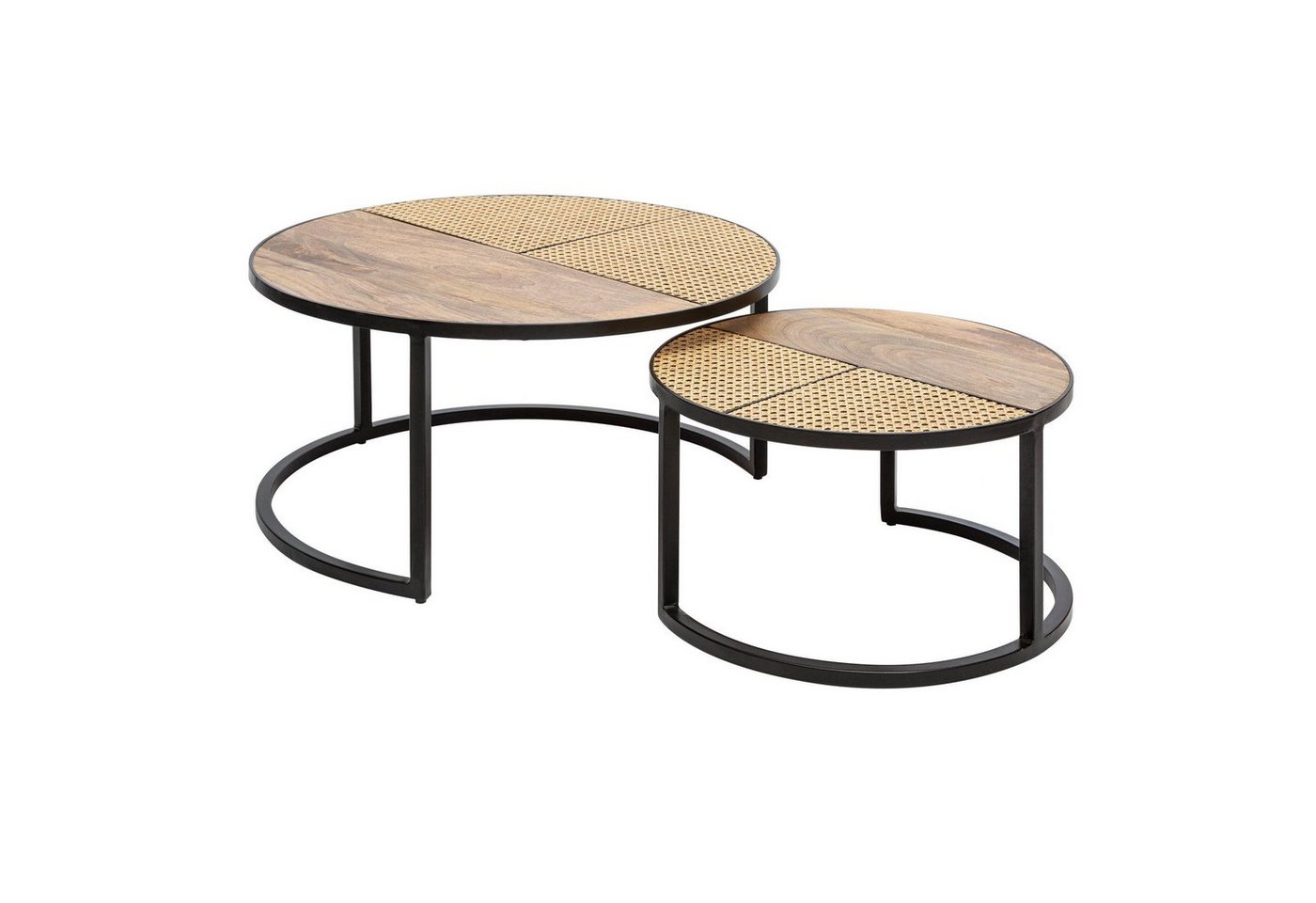 riess-ambiente Couchtisch VIENNA LOUNGE Ø70cm natur / schwarz (Set, 2-St), Wohnzimmer · Massivholz · Metall · rund · Rattan · Wiener Geflecht von riess-ambiente