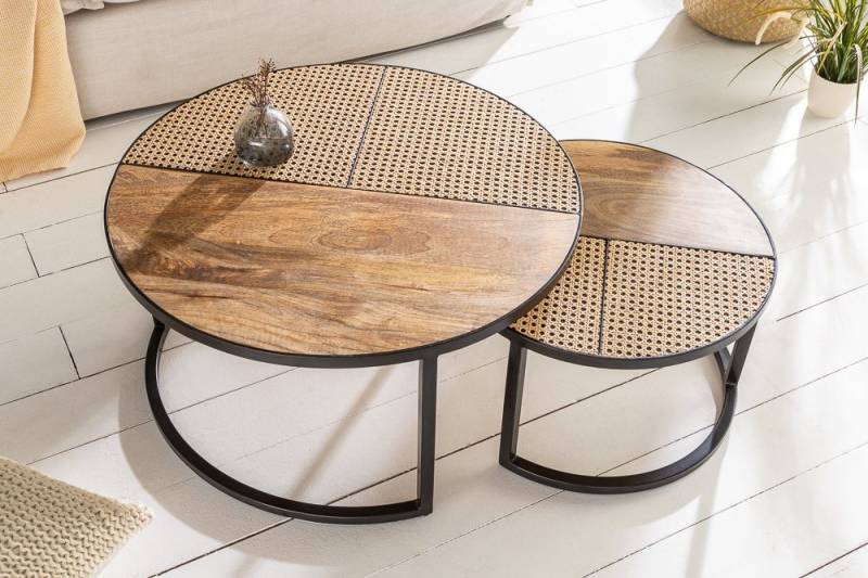 riess-ambiente Couchtisch VIENNA LOUNGE Ø70cm natur / schwarz (Set, 2-St), Wohnzimmer · Massivholz · Metall · rund · Rattan · Wiener Geflecht von riess-ambiente