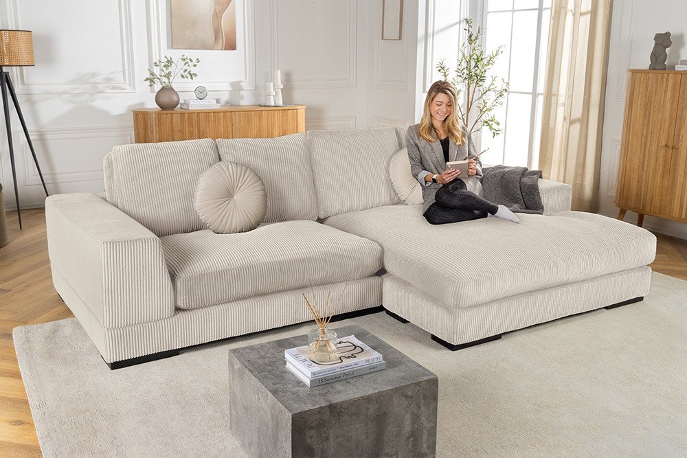 riess-ambiente Ecksofa BABYLON 270cm beige · XXL Couch in L-Form mit Cord-Bezug · mit Kissen, Einzelartikel 1 Teile, 3-Sitzer · breiter Récamiere · abnehmbarer Bezug · Modern Design von riess-ambiente