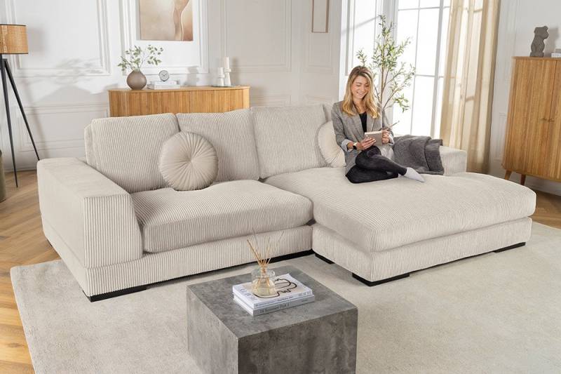 riess-ambiente Ecksofa BABYLON 270cm beige · XXL Couch in L-Form mit Cord-Bezug · mit Kissen, Einzelartikel 1 Teile, 3-Sitzer · breiter Récamiere · abnehmbarer Bezug · Modern Design von riess-ambiente