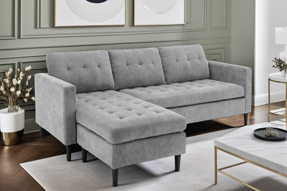 riess-ambiente Ecksofa STOCKHOLM 220cm grau · Big-Couch mit Cordbezug und Federkern, 1 Teile, 3-Sitzer in L-Form · inkl. Kissen · Ottomane rechts & links · Retro riess-ambiente Ecksofa STOCKHOLM 220cm grau · Big-Couch mit Cordbezug und Federkern, 1 Teile, 3-Sitzer in L-Form · inkl. Kissen · Ottomane rechts & links · Retro von riess-ambiente