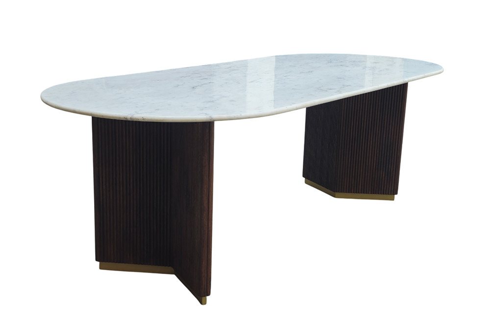 riess-ambiente Esstisch GATSBY 240x110cm Mangoholz braun – oval, Marmorplatte, V-Gestell (Einzelartikel, 1-St), Goldakzente, luxuriöser Materialmix, Marmortisch im Retro-Stil von riess-ambiente