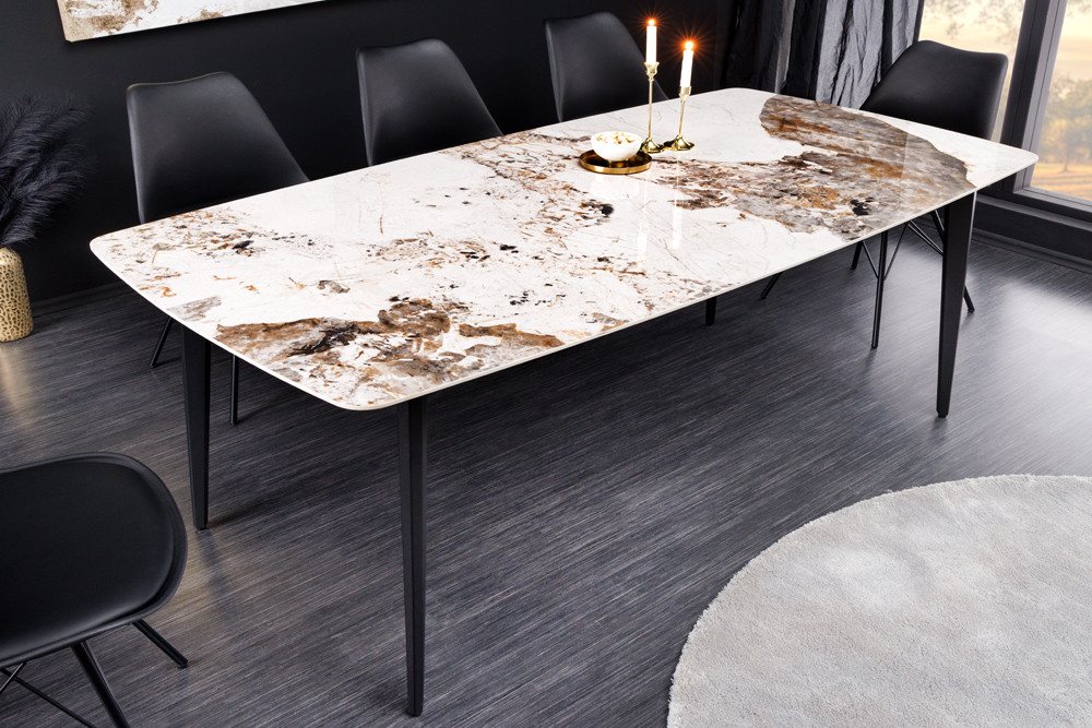 riess-ambiente Esstisch MILANO 160cm weiß marmoriert / schwarz (Einzelartikel, 1-St), Keramik · Naturstein-Design · Metall · bis 6 Personen · Modern von riess-ambiente
