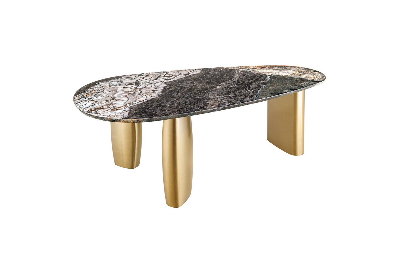 riess-ambiente Esstisch ORGANIC 200cm Marmor weiß, grau, braun – Naturstein-Design, elliptisch (Einzelartikel, 1-St), brushed gold Metall-Gestell, moderner Stil, Platz für 8 Personen von riess-ambiente