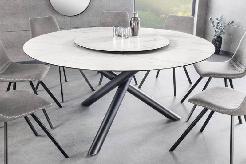 riess-ambiente Esstisch SPIN 150cm weiß / schwarz · Keramik-Tisch mit drehbarer Servierplatte (Einzelartikel, 1-St), Dreifuß-Gestell · Metall · rund · Marmor-Design · Drehplatte · Modern von riess-ambiente