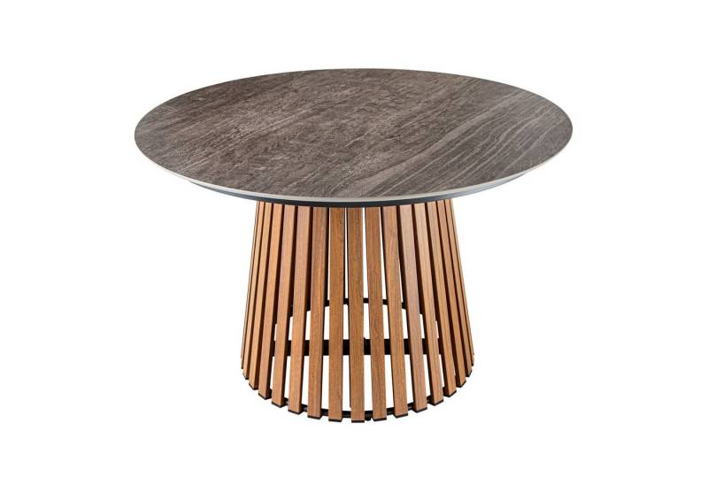 riess-ambiente Esstisch VALHALLA WOOD Ø115cm grau / braun · bis 6 Personen (Einzelartikel, 1-St), Keramik · rund · Indoor · Outdoor · Lamellen-Design · Japandi-Stil von riess-ambiente