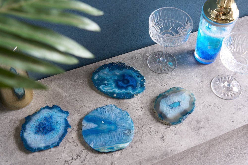 riess-ambiente Glasuntersetzer COASTER 11cm blau, Set, 4-tlg., Wohnzimmer · Achat · rund · Edelstein · Quarz · Handmade · Unikat von riess-ambiente