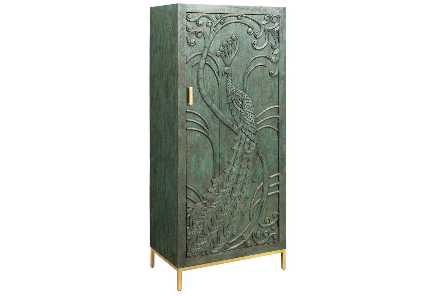 riess-ambiente Highboard PEACOCK 170cm grün / gold · Wohnzimmer-Schrank aus Mango-Massivholz (Einzelartikel, 1 St), 3D Schnitzerei · Pfau-Design · handmade · 1 Tür & 3 Fächer · montiert von riess-ambiente