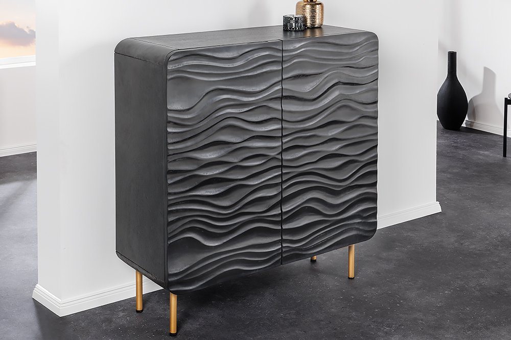 riess-ambiente Highboard WAVE 120cm schwarz / gold (Einzelartikel, 1 St), Wohnzimmer · Massivholz · Metall · Kommode · Retro Design von riess-ambiente