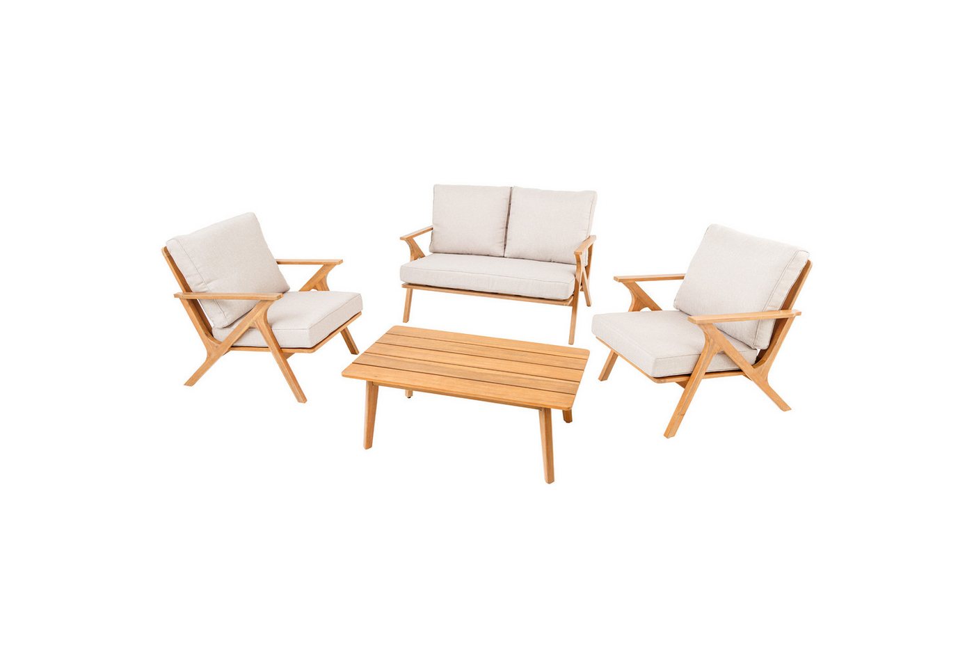 riess-ambiente Loungeset COMFORT LINE natur beige · 4-teiliges Gartenmöbel-Set inkl. Tisch, (Set, 4-tlg), Akazien-Massivholz · 1x Sofa 2x Sessel 1x Tisch · Balkonset · Terrasse von riess-ambiente