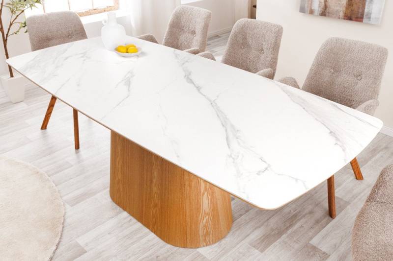riess-ambiente Säulen-Esstisch UNIQUE 200cm weiß / braun · Konferenztisch mit Keramik-Tischplatte (Einzelartikel, 1-St), 8-10 Personen · Säulenfuß aus furniertem Eichenholz · Marmor-Design von riess-ambiente
