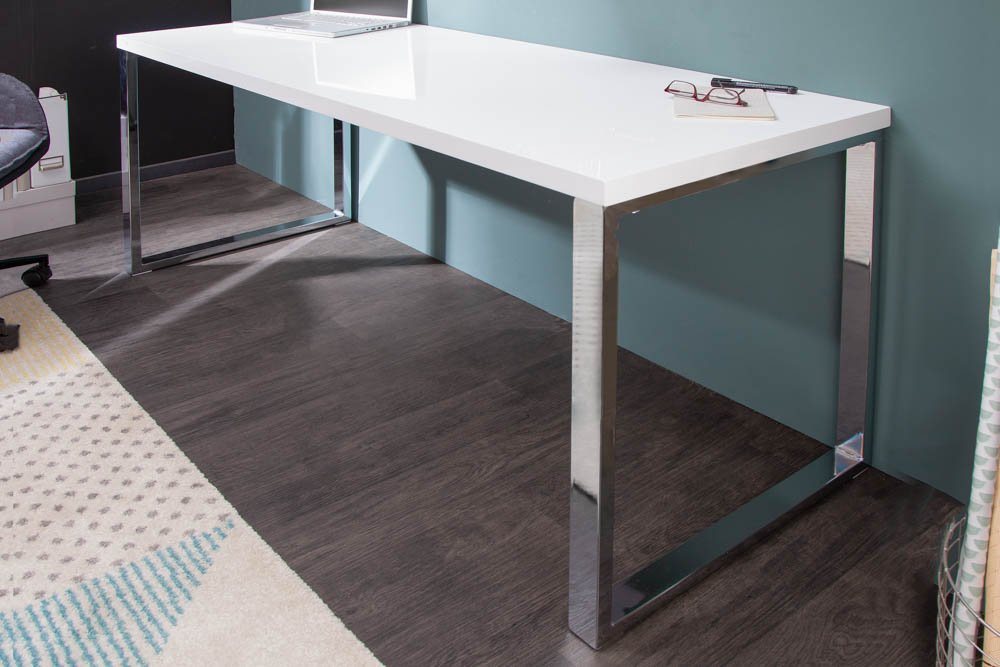 riess-ambiente Schreibtisch WHITE DESK 140cm weiß / silber, Arbeitszimmer · Hochglanz · Modern Design · Metall · Home Office von riess-ambiente