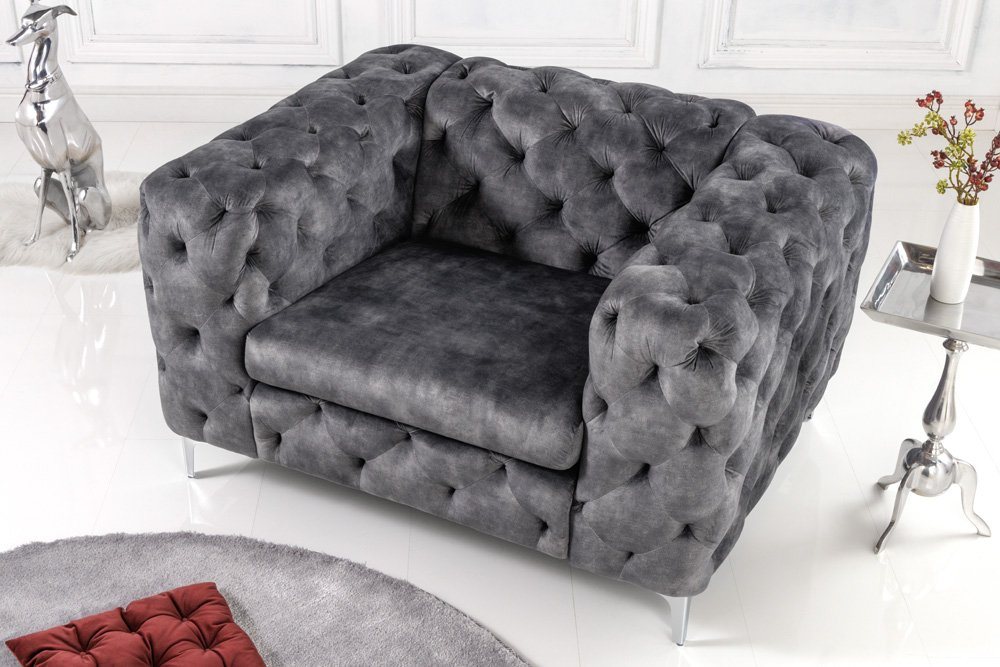 riess-ambiente Sessel MODERN BAROCK 120cm dunkelgrau / silber (Einzelartikel, 1-St), Wohnzimmer · Microfaser · Metall · mit Armlehne · Chesterfield von riess-ambiente