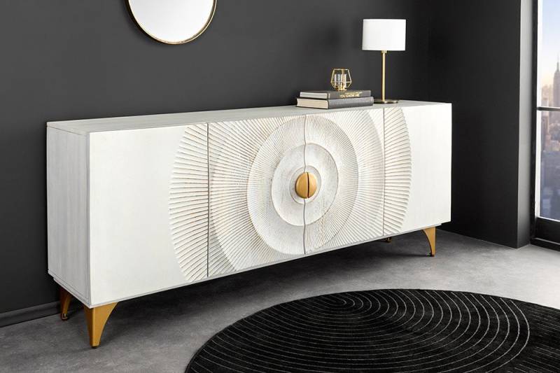 riess-ambiente Sideboard GOLDEN SUNSET 180cm weiß / gold - handmade, Mangoholz, Metallbeine (Einzelartikel, 1 St), Kommode mit 3D Front & Stauraum - ideal für moderne Wohnzimmer von riess-ambiente