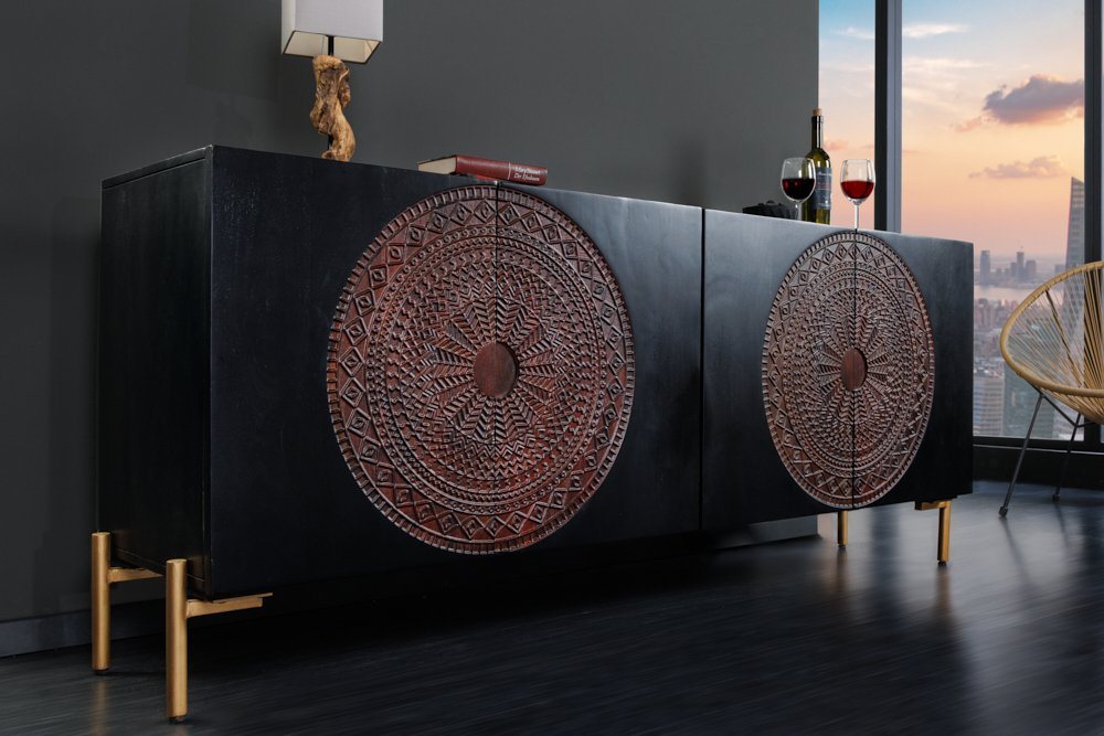 riess-ambiente Sideboard MANDALA 160cm schwarz / gold (Einzelartikel, 1 St), Massivholz · Metall · Kommode · 3D Schnitzereien · Wohnzimmer von riess-ambiente