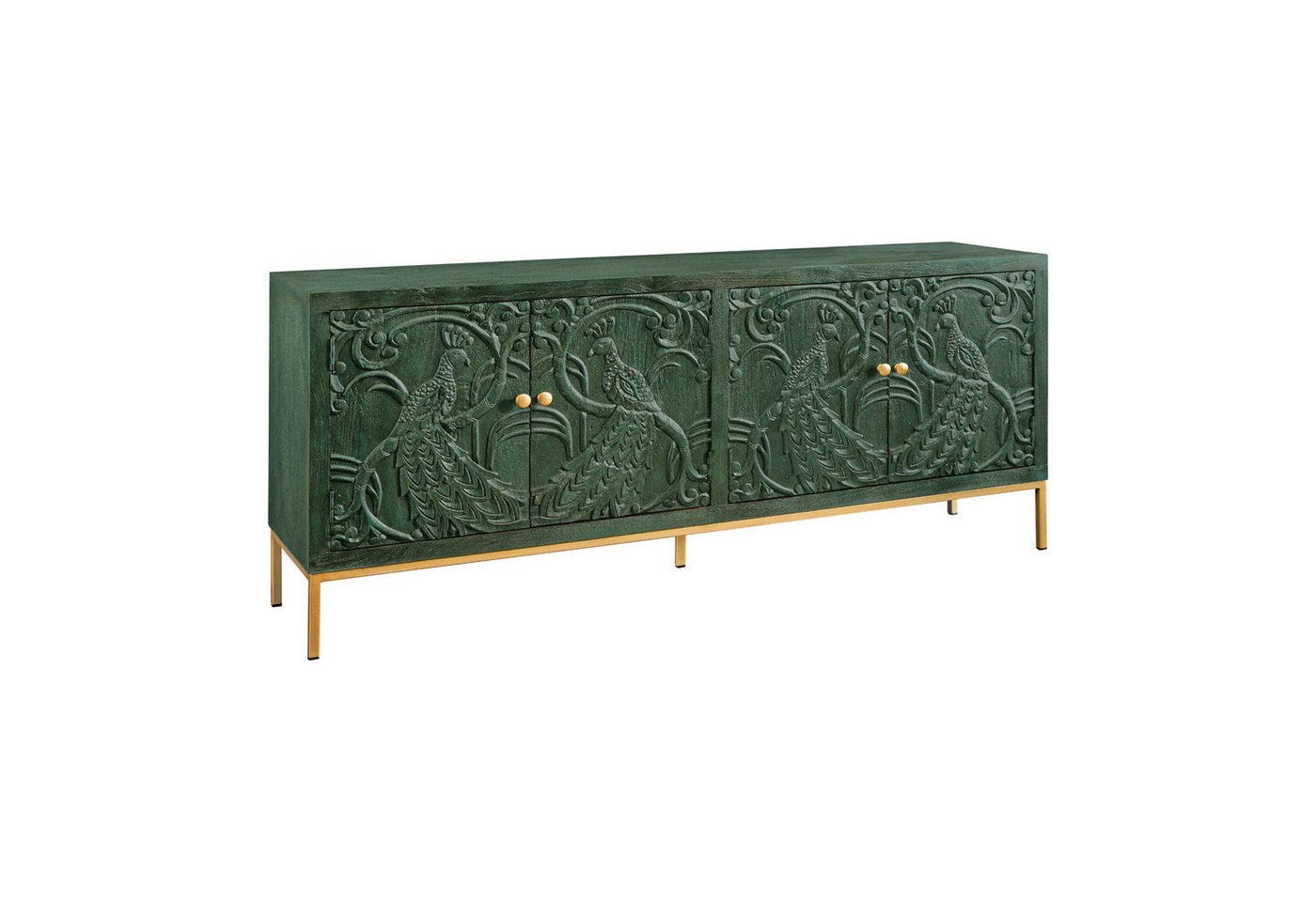 riess-ambiente Sideboard PEACOCK 175 cm grün / gold – Massivholz, Antik-Optik, 3D-Schnitzerei (Einzelartikel, 1 St), massiver Schrank mit Pfau-Design – ideal für Wohn- und Esszimmer von riess-ambiente