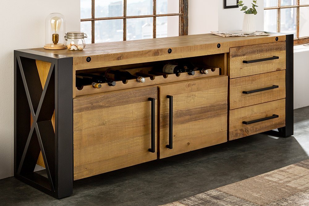 riess-ambiente Sideboard THOR 195cm vintage braun / schwarz (Einzelartikel, 1 St), Wohnzimmer · Massivholz · Metall · Kommode · Industrial Design von riess-ambiente