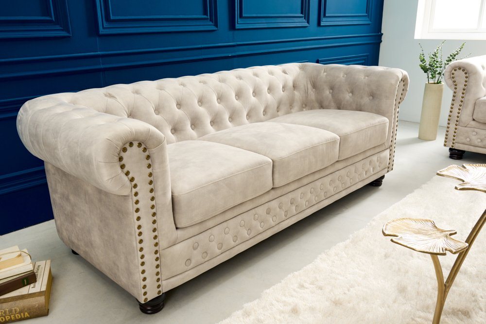 riess-ambiente Sofa CHESTERFIELD 200cm champagner / dunkelbraun, 1 Teile, Wohnzimmer · Samt · 3-Sitzer · mit Armlehne · Federkern von riess-ambiente