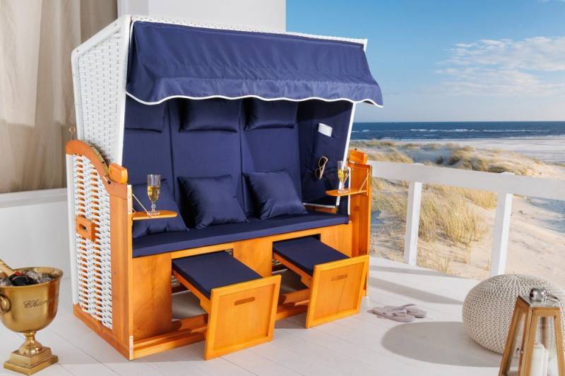 riess-ambiente Strandkorb OSTSEE 150cm blau / weiß, BxTxH: 150x72x149 cm, Volllieger, Ostsee-Modell, (Einzelartikel, 1-tlg), XXL · 3-Sitzer · Garten · Liegestuhl · Outdoor von riess-ambiente