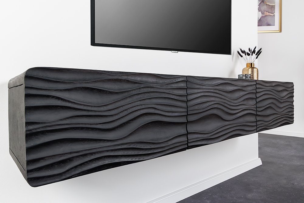 riess-ambiente TV-Board WAVE 160cm schwarz (Einzelartikel, 1 St), Wohnzimmer · Massivholz · Mangoholz · hängend · Retro Design von riess-ambiente