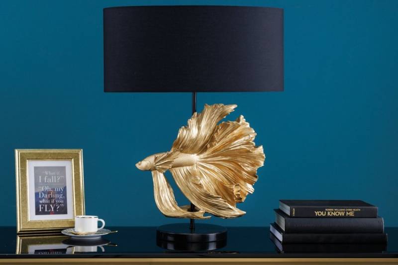 riess-ambiente Tischleuchte CROWNTAIL 65cm schwarz / gold, Ein-/Ausschalter, ohne Leuchtmittel, Wohnzimmer · Stoff · Marmor-Fuß · Fisch-Figur · Schlafzimmer · Design von riess-ambiente