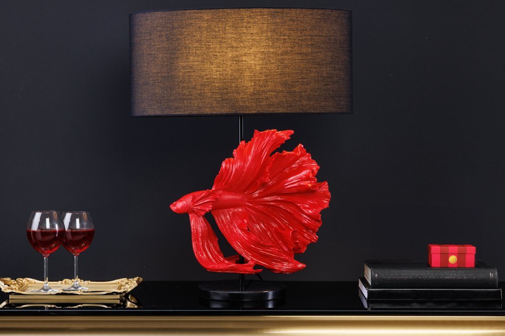riess-ambiente Tischleuchte CROWNTAIL 65cm schwarz / rot, Ein-/Ausschalter, ohne Leuchtmittel, Wohnzimmer · Stoff · Marmor-Fuß · Fisch-Figur · Schlafzimmer · Design von riess-ambiente