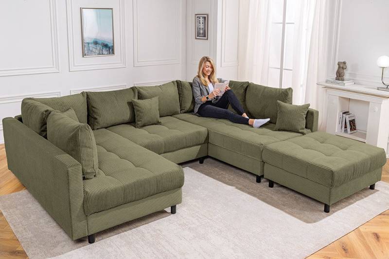 riess-ambiente Wohnlandschaft KENT 305cm grün / schwarz · inkl. Hocker & Kissen, Cord, Rundum-Bezug, Einzelartikel 1 Teile, XXL Couch in U-Form - ideal für große Wohnzimmer & Wohnbereiche von riess-ambiente
