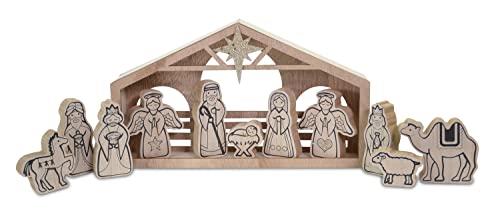 Riffelmacher 11948 - Weihnachtskrippe aus Holz, etwa 30,5 x 5 x 17,5 cm groß, 11 teiliges Set, Krippenstall für Weihnachten, Holzkrippe für Kinder, Geschenk von Riffelmacher & Weinberger