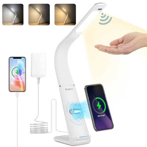 rigors Schreibtischlampe LED Tischlampe Dimmbar mit 3 Farben 10 Helligkeitsstufen, Gestensteuerung Tischleucht mit Wireless Charger USB Laden für Handy, 700LM Bürolampe für Lesen Homeoffice-Weiß von rigors