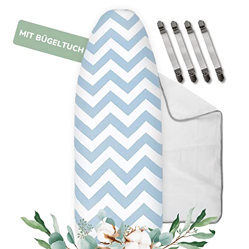 Universaler Bügelbrettbezug bis 125x45 extra Dicke Baumwolle - Bügelauflage Set inkl. Bügelhilfe, Spanner, Bügeldecke - Bügelbrett Bezug 120x40 für Dampfbügeleisen von riijk