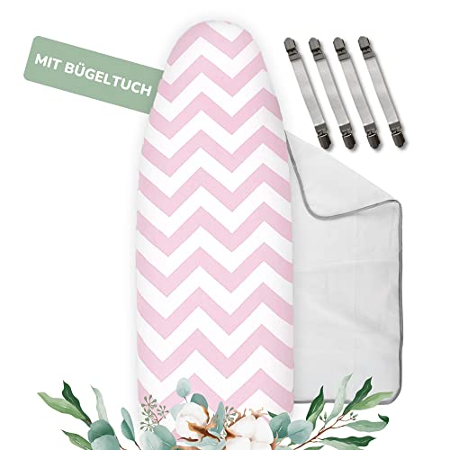 Universaler Bügelbrettbezug bis 125x45 extra Dicke Baumwolle - Bügelauflage Set inkl. Bügelhilfe, Spanner, Bügeldecke - Bügelbrett Bezug 120x40 für Dampfbügeleisen von riijk