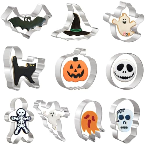 10-teiliges Halloween-Ausstechformen-Set zum Backen – Geist, Fledermaus, Lebkuchenmann, Katze, Kürbis, Totenkopf, runde und Hexenhut-Form, Edelstahl, Feiertagskeks-/Gebäckausstecher 10-teiliges Halloween-Ausstechformen-Set zum Backen – Geist, Fledermaus, Lebkuchenmann, Katze, Kürbis, Totenkopf, runde und Hexenhut-Form, Edelstahl, Feiertagskeks-/Gebäckausstecher von ririess
