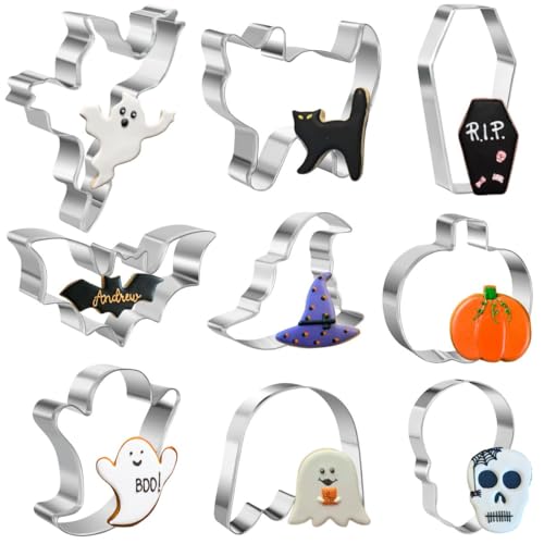 9-teiliges Halloween-Ausstechformen-Set zum Backen – Geist, Fledermaus, Katze, Kürbis, Totenkopf, Sarg und Hexenhut, Edelstahl, Feiertagskeks-/Gebäckausstecher (Halloween) von ririess