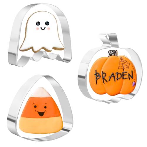 Große Größe Halloween Ausstechformen Set zum Backen - Kürbis, Geist und Süßigkeiten Mais Form Edelstahl Urlaub Ausstecher (3 Stück) von ririess