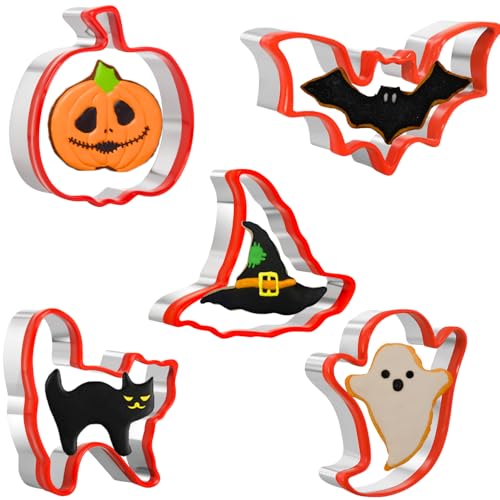 Halloween Ausstechformen Set 5 Stück Halloween Keksausstecher Edelstahl mit schützender PVC-Kante - Kürbis, Fledermaus, Geist, Katze und Hexenhut Halloween Ausstechformen Set 5 Stück Halloween Keksausstecher Edelstahl mit schützender PVC-Kante - Kürbis, Fledermaus, Geist, Katze und Hexenhut von ririess