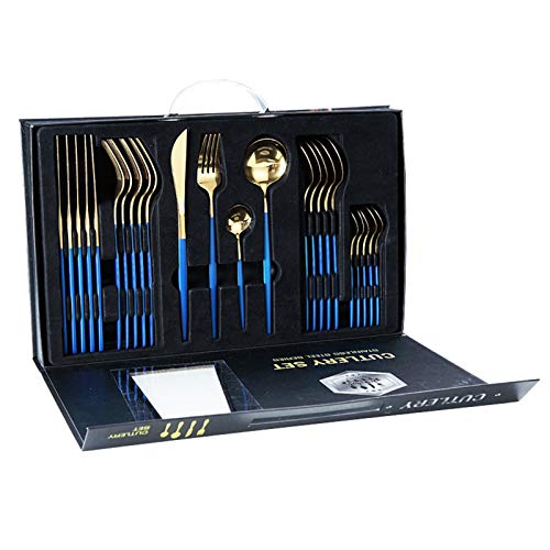 rismart Edelstahl 24 Teile Besteck Set Silberbesteck mit Messer, Kaffee Suppe Teelöffel, Gabeln Gold Blau von rismart