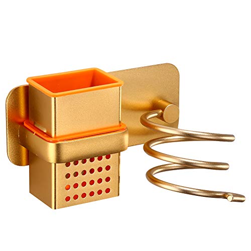 rismart Halter Föhn Haartrocknerhalter fürs Badezimmer mit Kabelhalter an der Wand montiert Aluminium Zwei Wege Installationen,Gold + Würfelkörbe von rismart