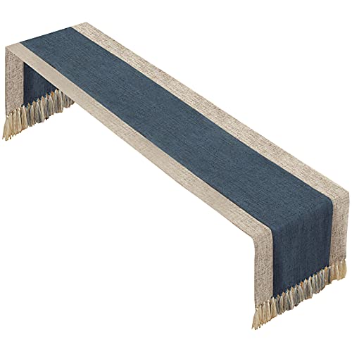 rismart Tischläufer Baumwolle Leinen zu Quasten für Essen Kommode Tabelle Navy Beige,38 x 220 cm von rismart