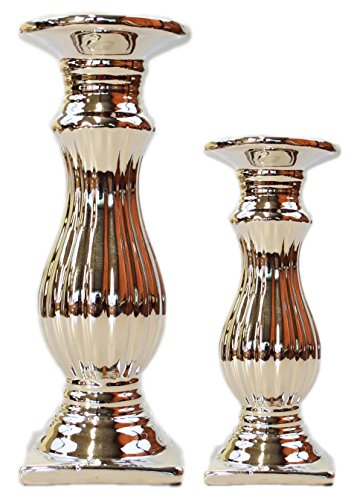 riya Keramik Kerzenständer Kerzenleuchter Rillen Kerzenhalter Silber Deko Shabby Chic (2er Sparset (1 X Jede Große)) von riya