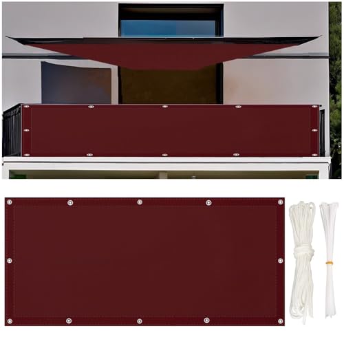 rngcpto Balkon-Sichtschutz Balkonabdeckung 80x500cm, Multi Größe und Farbe Balkonverkleidung Ohne Bohren Blickdichte Windschutz UV-Schutz mit Ösen und Kordel, Weinrot von rngcpto