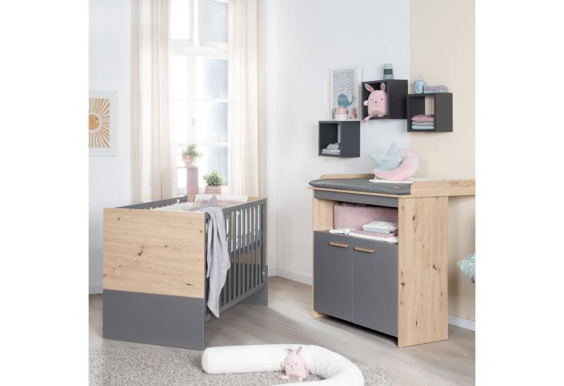 roba® Babymöbel-Set Anna - aus Holz - in Anthrazit mit Dekor Kent Eiche - moderne Optik, (2-teilig), Baby- & Beistellbett 60x120 cm & Wickelkommode - Anthrazit /Holzdekor von roba®