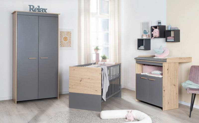 roba® Babyzimmer-Komplettset Anna - aus Holz - in Anthrazit mit Dekor Kent Eiche - moderne Optik, (3-teilig), Baby- & Beistellbett 60 x 120 cm, Wickelkommode & Kleiderschrank von roba®