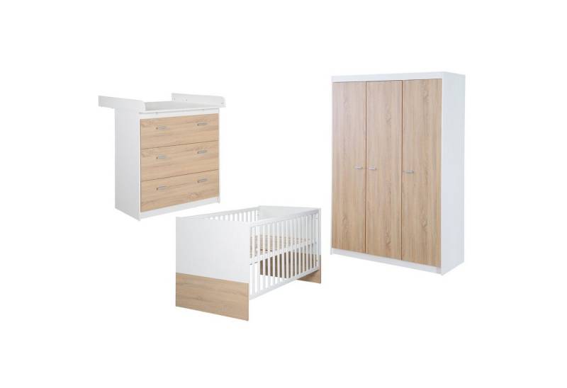 roba® Babyzimmer-Komplettset Gabriella 3-teilig - Aus Holz - Bicolor - Weiß & Sonoma Eiche, (Set 3-teilig, mit breiter oder schmaler Wickelkommode), Gitterbett, Wickelkommode & Kleiderschrank 3-türig von roba®