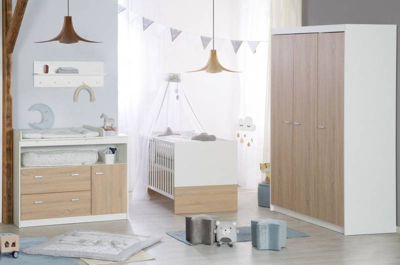 roba® Babyzimmer-Komplettset Gabriella 3-teilig - Aus Holz - Bicolor - Weiß & Sonoma Eiche, (Set 3-teilig, mit breiter oder schmaler Wickelkommode), Gitterbett, Wickelkommode & Kleiderschrank 3-türig von roba®