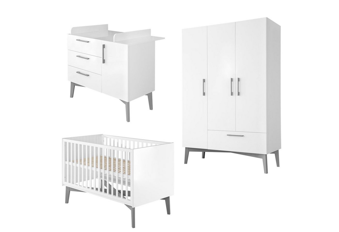 roba® Babyzimmer-Komplettset Mika, (3-St), mit grauen Füßen aus Massivholz im Retro Look von roba®