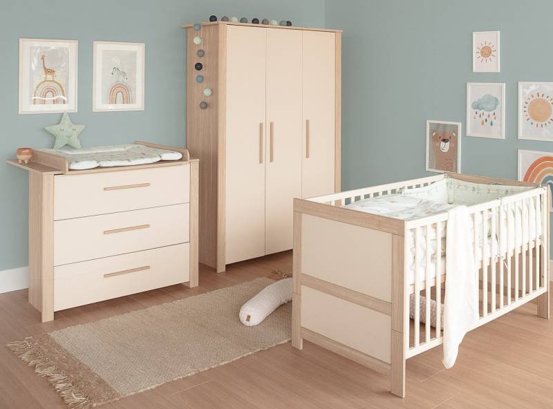roba® Babyzimmer-Komplettset Momo - modernes Kinderzimmer aus Holz - Cashmere - Dekor Artisan Eiche, (3-teiliges Set, 3-tlg., Babybett 70 x 140cm, Wickelkommode mit 3 Schubladen, Kleiderschrank), Bett: Schlupfsprossen & 3- fach Höhenverstellbar - Beige / Kaschmir von roba®