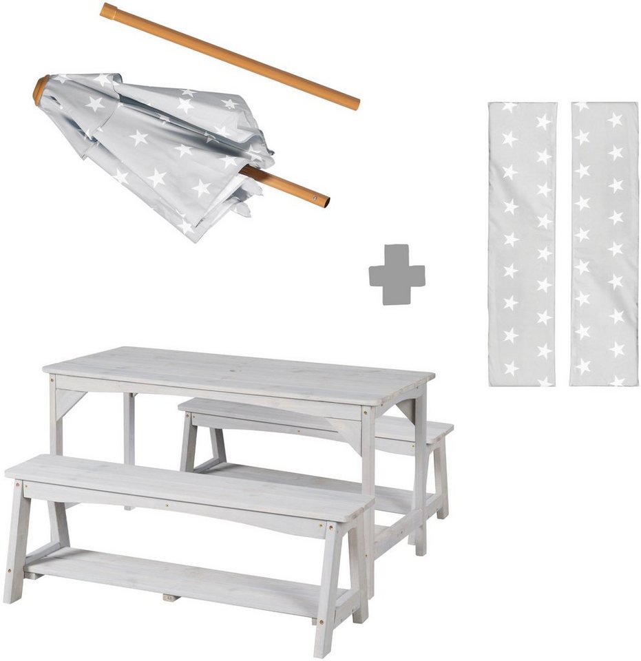roba® Garten-Kindersitzgruppe Outdoor+, (Set, 3-tlg), Tisch und 2 Bänke mit Sitzauflage, Schirmset von roba®