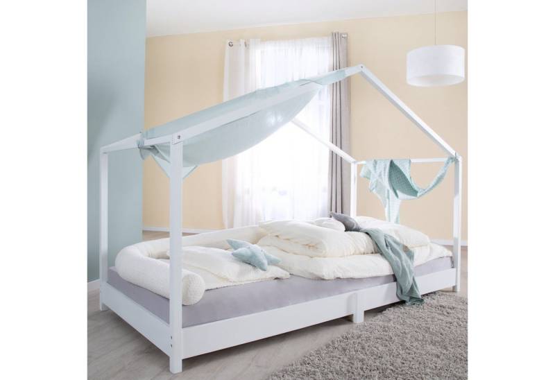 roba® Hausbett aus Massivholz, bodentiefes Kinderbett in 90 x 200 cm & 70 x 140 cm (Komplett-Set Kinderbett mit Matratze und Lattenrost), Bodenbett für Kinder nach Montessori Prinzip - Weiß lackiert von roba®