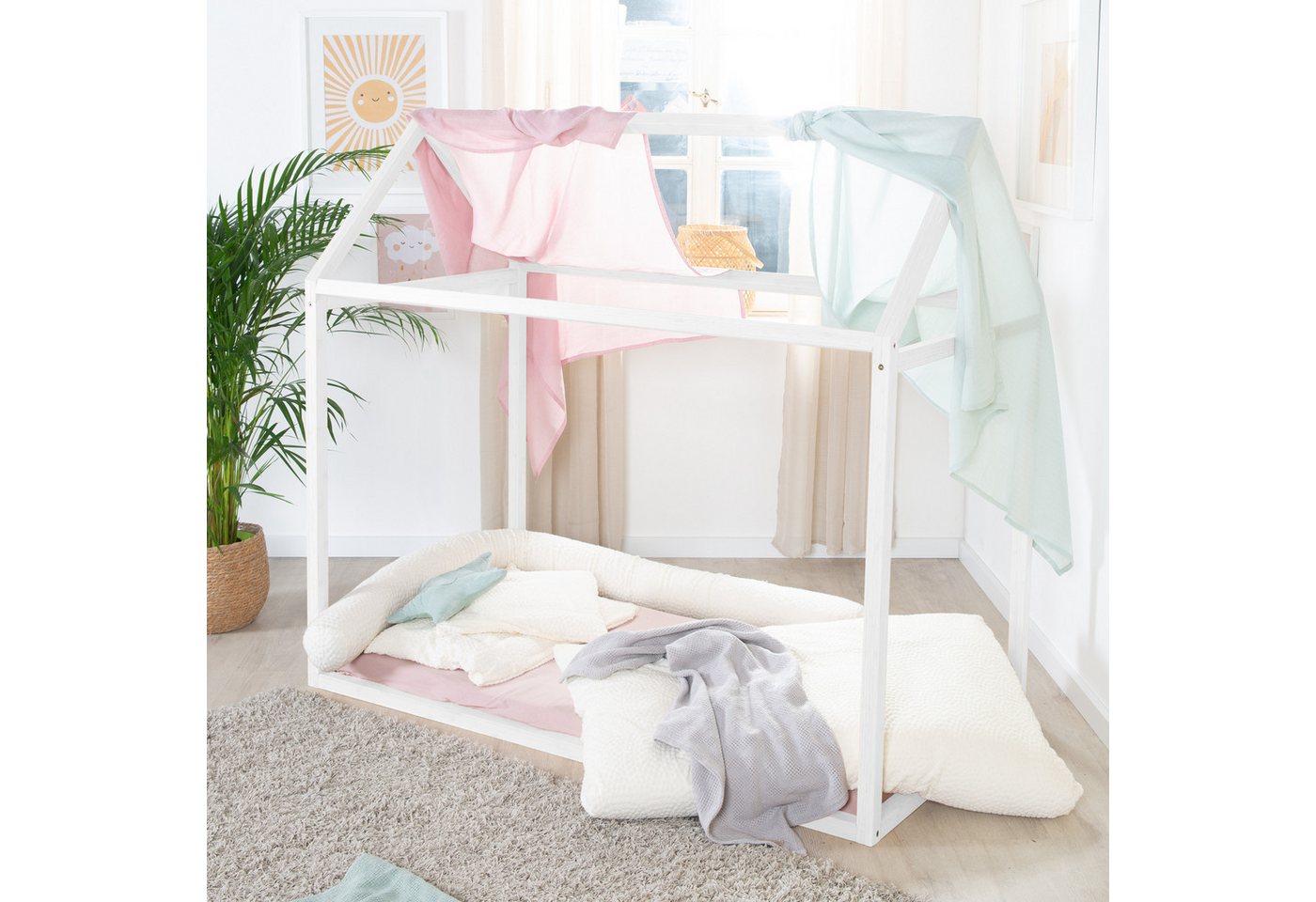 roba® Kinderbett Hausbett - nach Montessori Prinzip - FSC zertifiziertes Massivholz, Hausbett - Babybett zum Spielen, Lesen & Kuscheln - Weiß lackiert von roba®